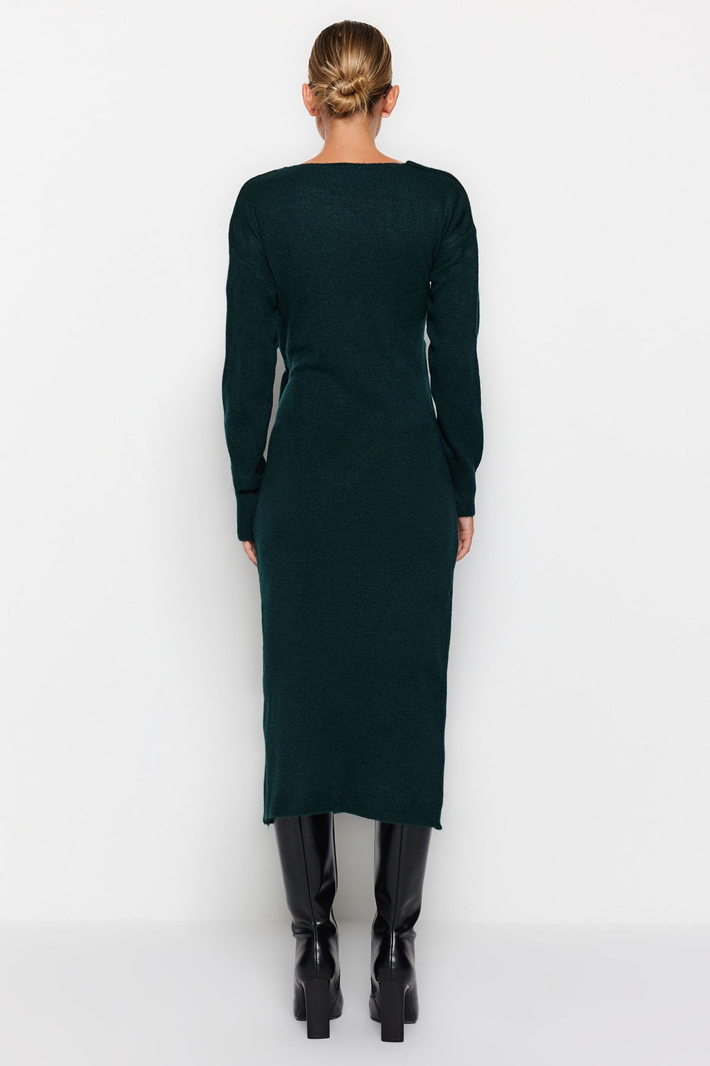 Zumrut Yesili Yumusak Dokulu Midi Triko Kruvaze Yaka Baglamal? Elbise TWOAW21EL0260
