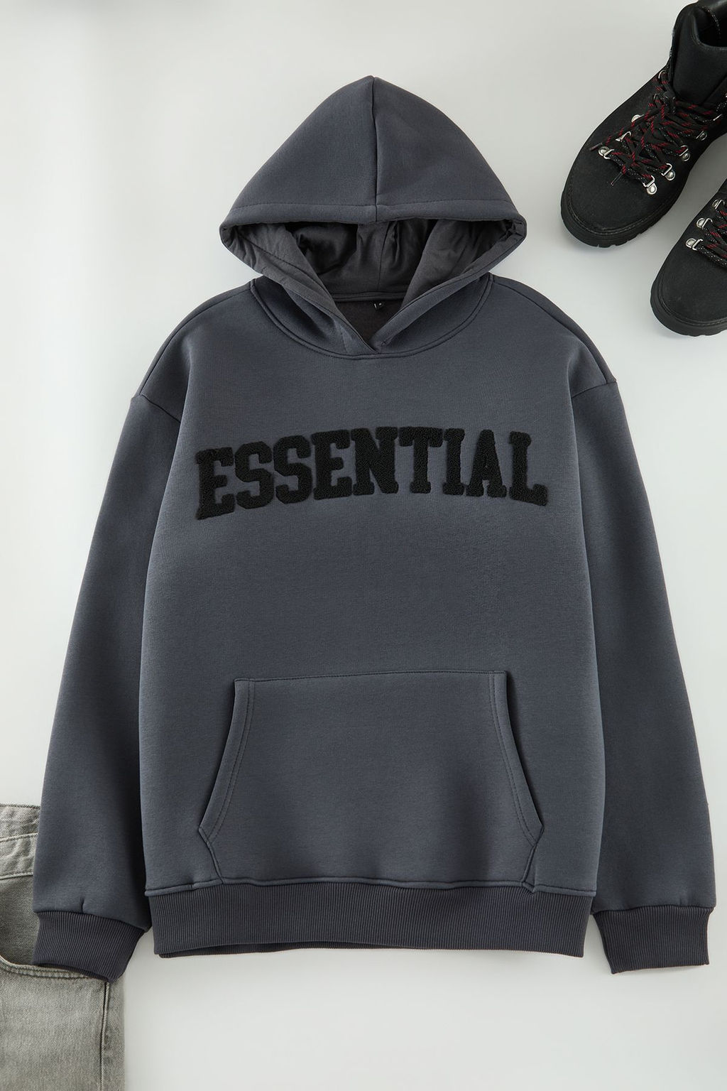 TRENDYOL MAN Antrasit Oversize/Genis Kesim Yaz? Nak?sl? Ici Polar/S?cak Tutan Kapusonlu Sweatshirt TMNAW25SW00180 - Trendyolmilla фото 7