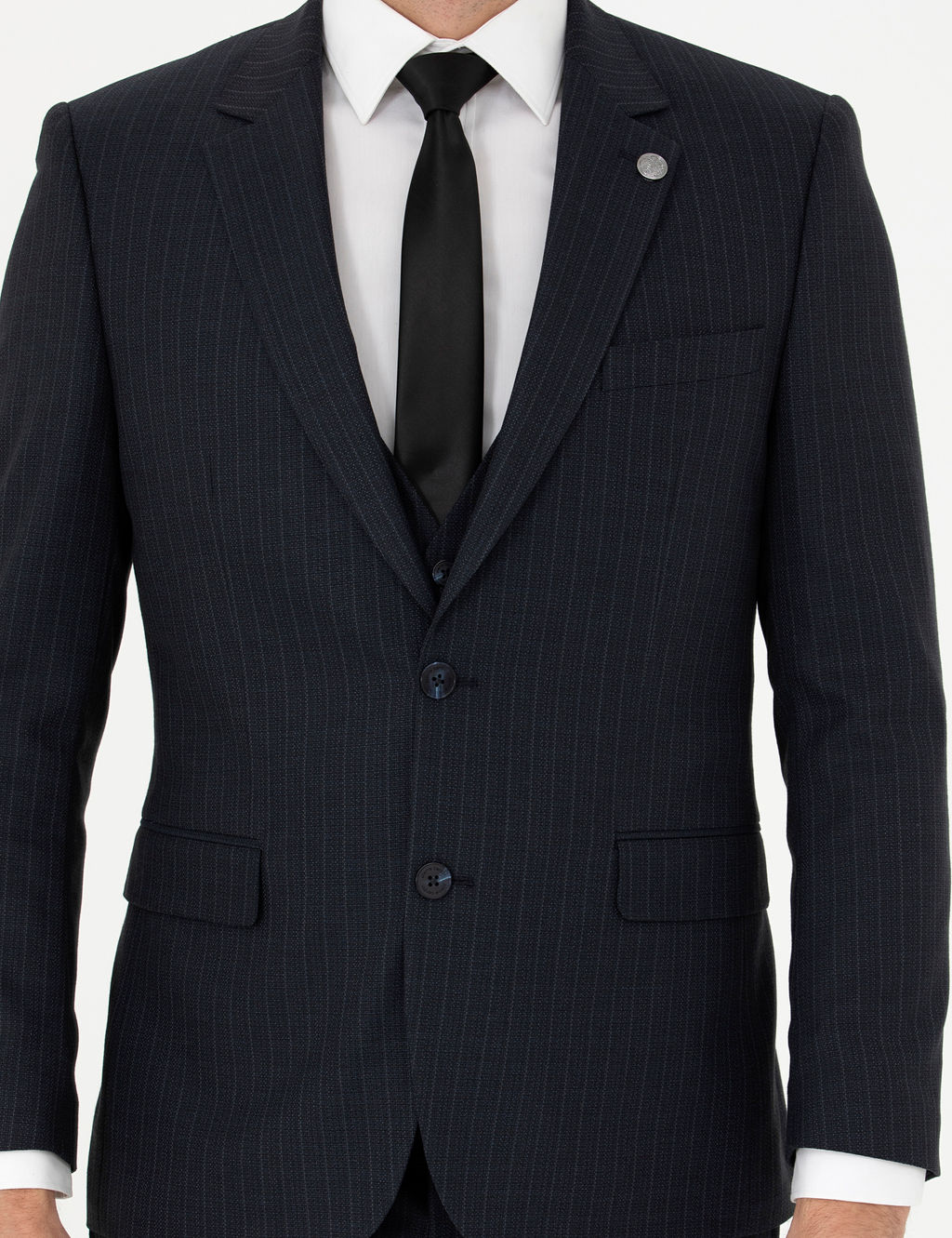 Lacivert Slim Fit _izgili Yelekli Tak_m Elbise