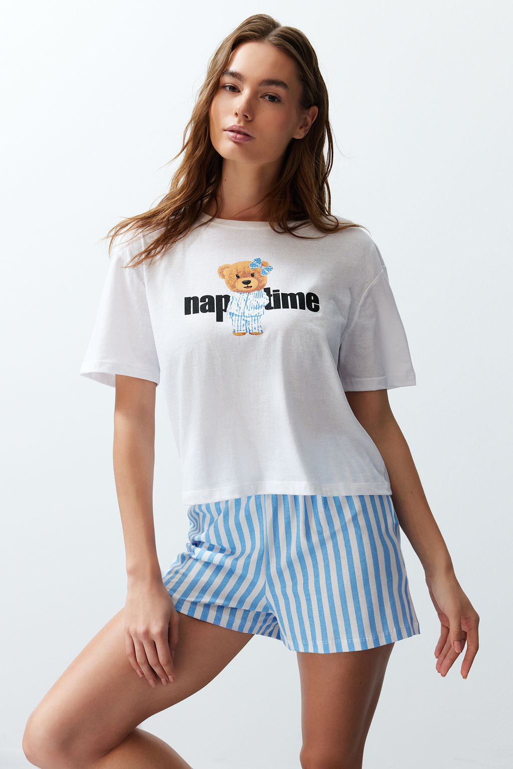 Trendyolmilla Kad?n Couple/Cift Cok Renkli %100 Pamuklu Ay?c?kl? Cizgili Sortlu Orme Pijama Tak?m? THMSS24PT00175  фото 14