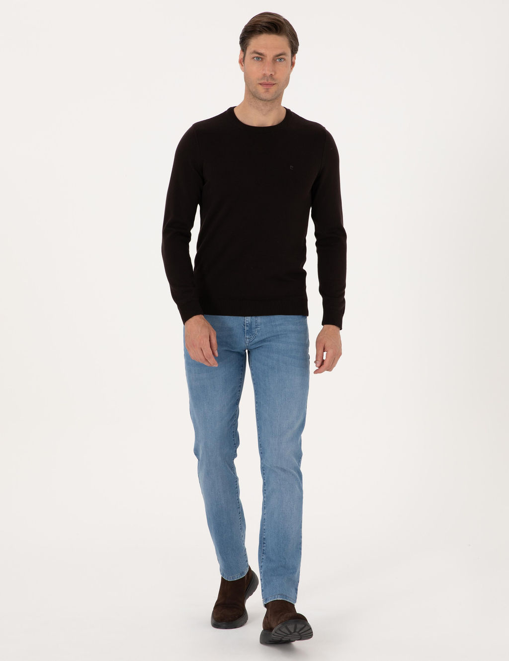 Koyu Kahverengi Slim Fit Bisiklet Yaka Basic Triko Kazak