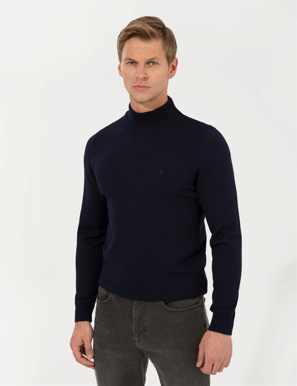 Lacivert Slim Fit Yar_m Bal_k__ Yaka Basic Triko Kazak