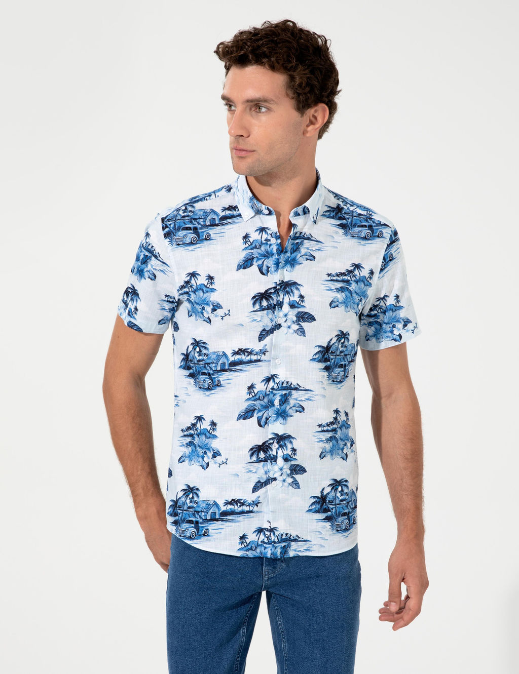 Голубая зауженная рубашка с коротким рукавом - Cacharel фото 3