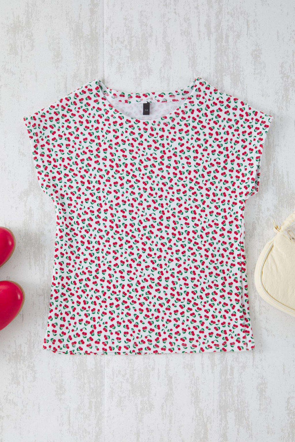 Cok Renkli K?z Cocuk Pamuklu Kiraz Desenli Regular/Normal Kal?p Ay Kol Orme T-Shirt TKDSS25TS00073