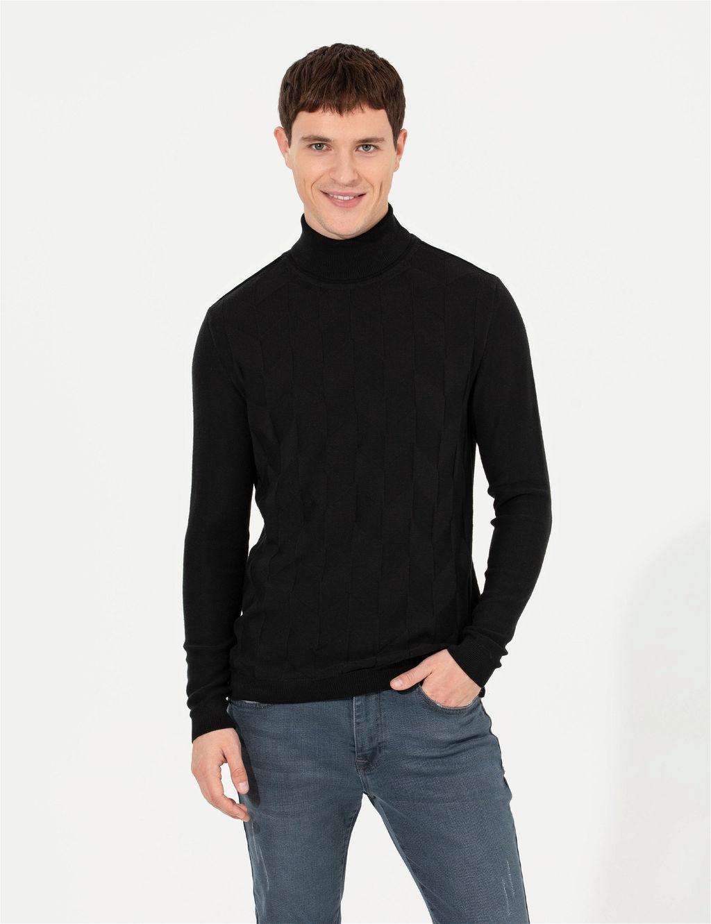 Siyah Slim Fit Bal_k__ Yaka Triko Kazak