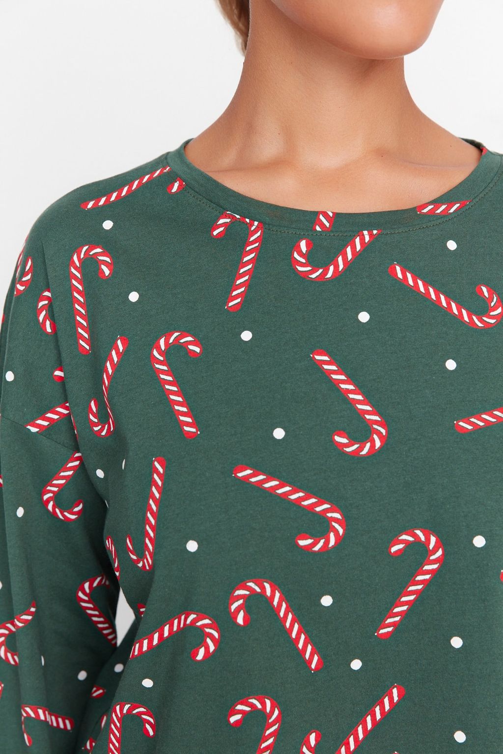 Yesil %100 Pamuklu Y?lbas? Temal? Orme Pijama Tak?m? THMAW21PT0771