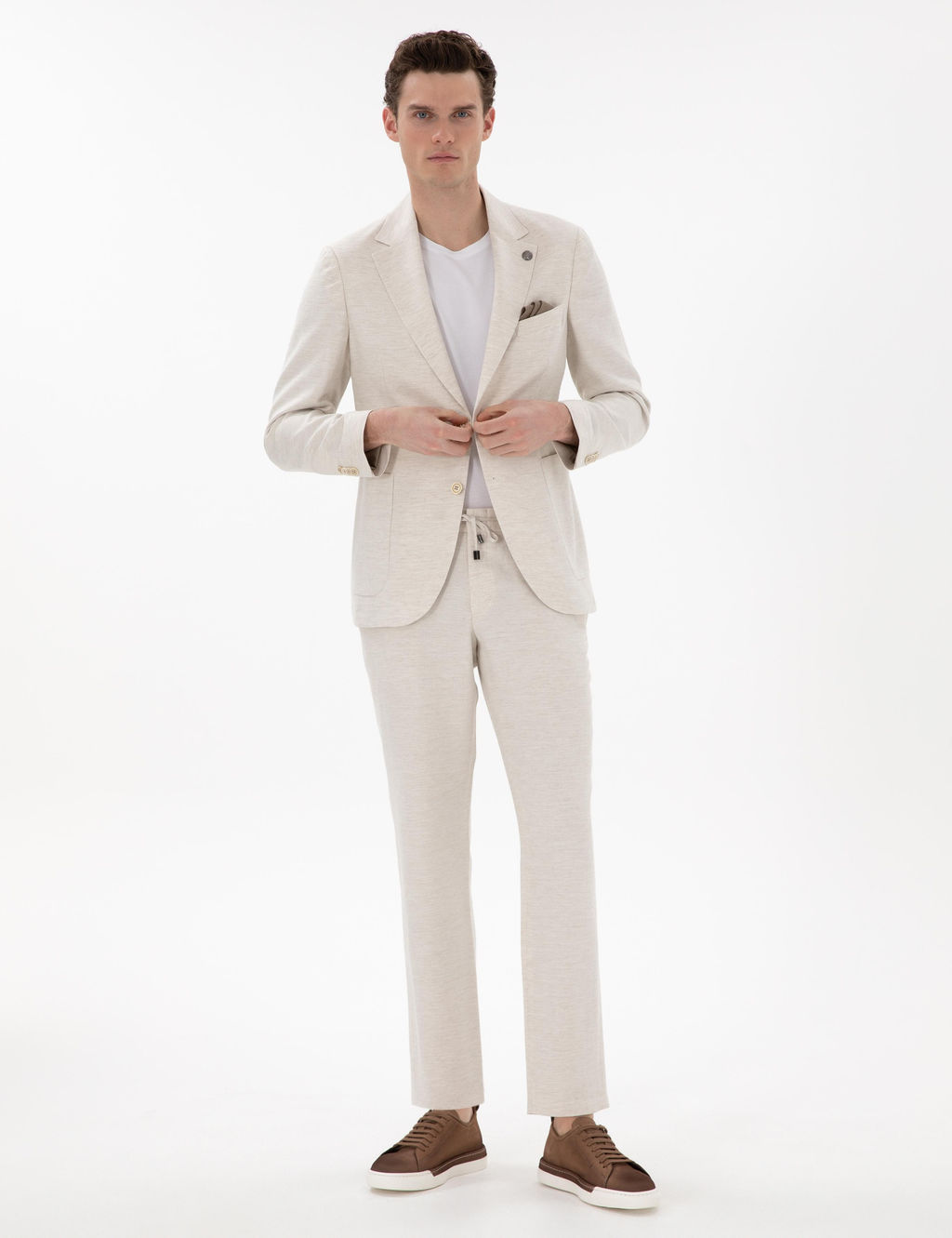 Ekru Slim Fit Keten Kar___ml_ Tak_m Elbise