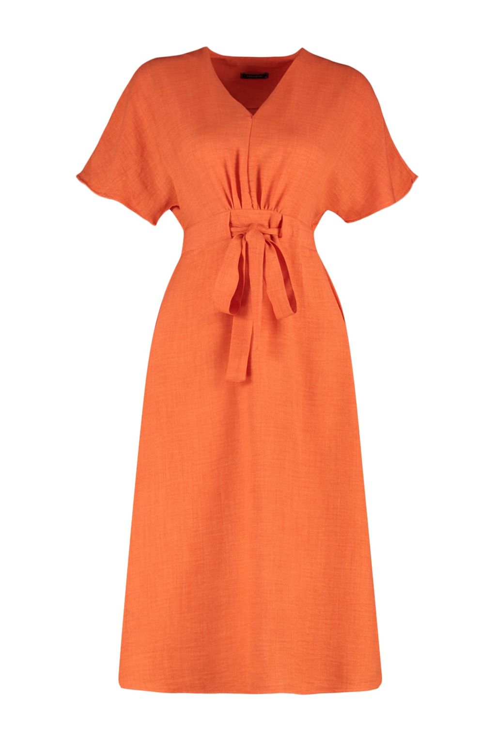 Turuncu Baglama Detayl? A Kesim V Yaka Midi Dokuma Elbise TWOSS23EL01543