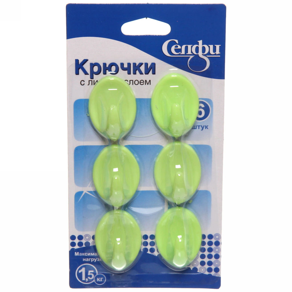 Цена за 6 шт. Крючки пластиковые в наборе 6шт на липкой основе "ИДЕЯДОМА", форма овал, цвет зелёная мята, нагрузка 1,5кг