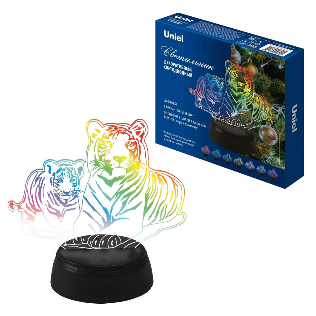 ULI-M508 RGB/3AA TIGER FAMILY/BLACK Светильник декоративный с эффектом 3D Семья тигров, на батарейках 3AA (не в/к). 1 светодиод. RGB свет. TM Uniel
