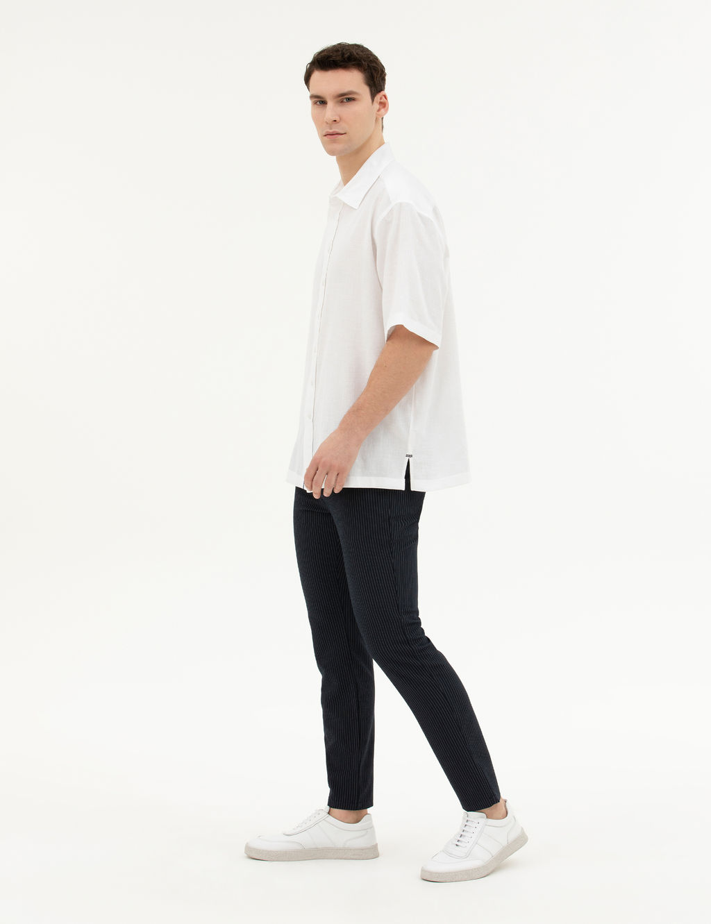 Lacivert Slim Fit _izgili Kanvas Pantolon