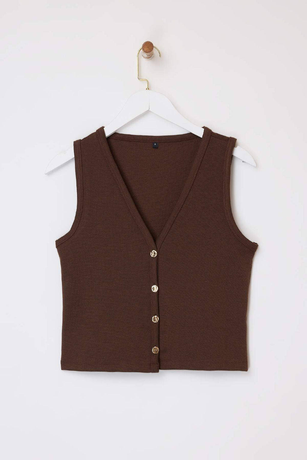 Kahverengi Fitted/Vucuda Oturan V Yaka Dugmeli Kolsuz Interlok Orme Bluz TWOSS26BZ00180