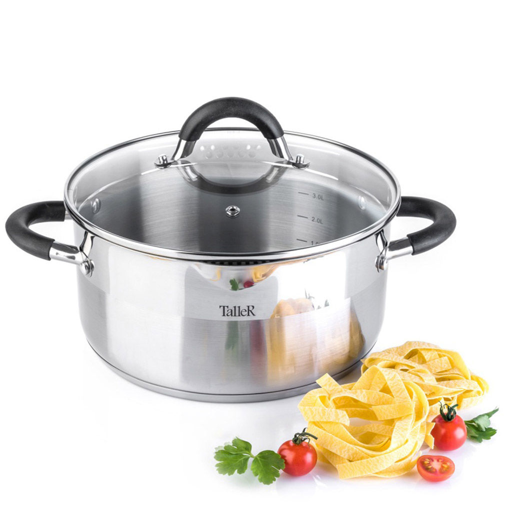 Кастрюля из нержавеющей стали Телфорд 2л, д18см, h9см, s0,6мм, дно s2,8мм, стеклянная жаропрочная крышка, широкий металлический ободок с отверстиями для слива жидкости, пароотвод, ручки из нержавеющей стали с силиконовыми вставками, капсулированное - Домашняя мода фото 6