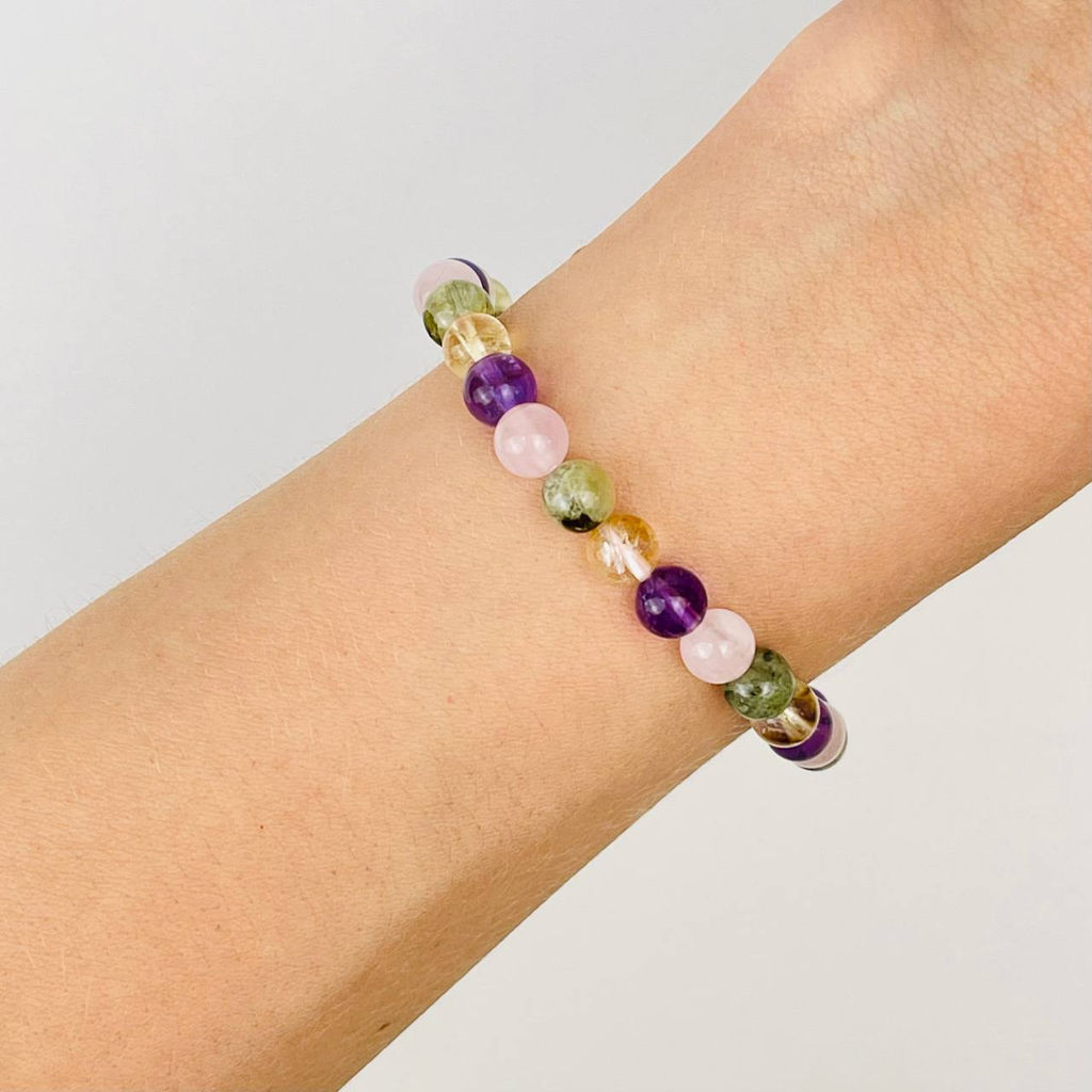 Браслет из Пренита, Аметиста, Розового кварца и Цитрина 18 см