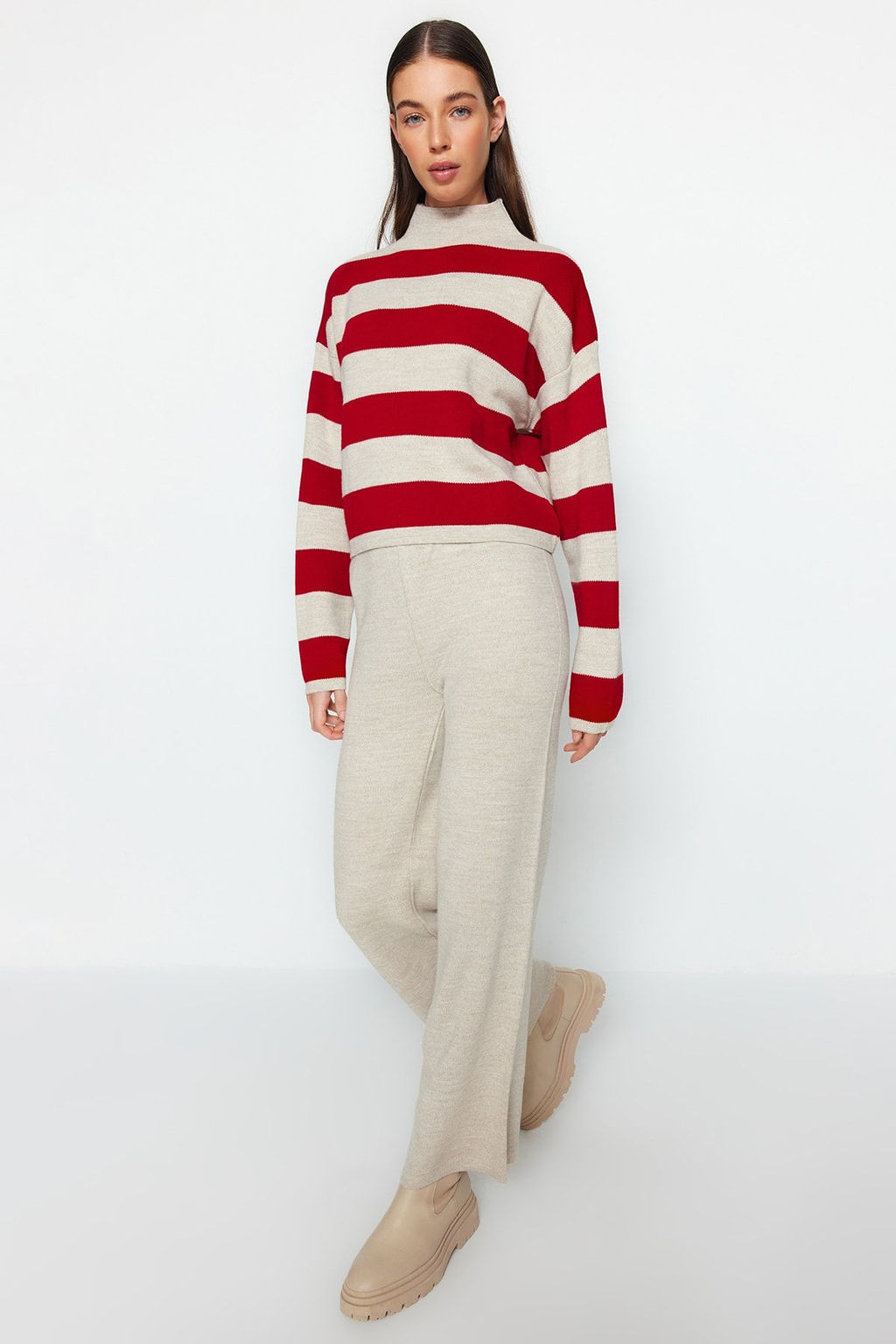 Kahverengi Genis Kal?p Cizgili Triko Alt-Ust Tak?m TWOAW24AU00020 - Trendyolmilla фото 10