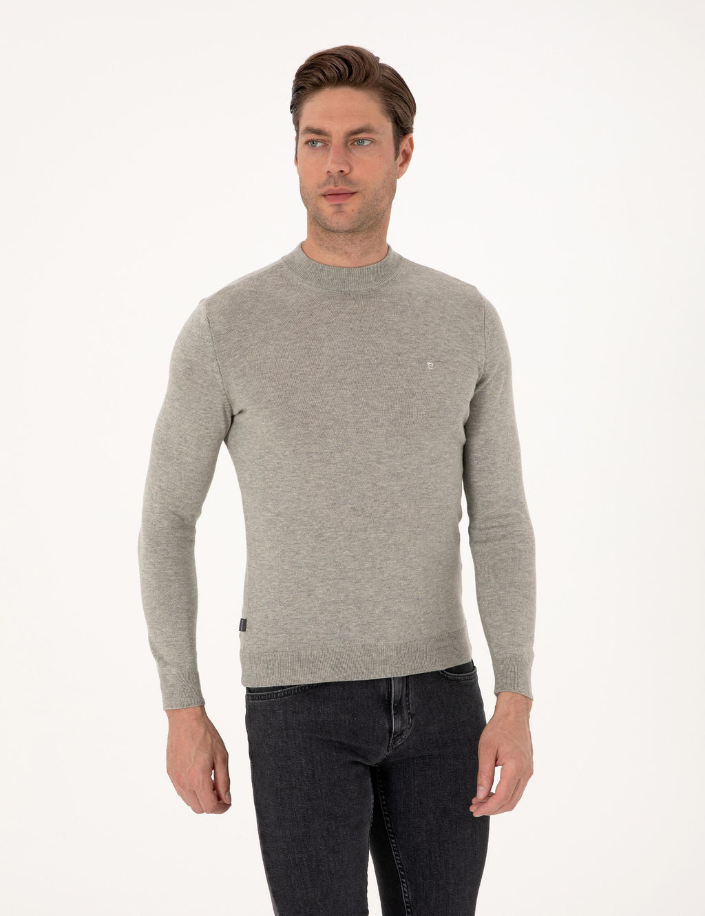 A__k Gri Melanj Slim Fit _eyrek Yaka Basic Triko Kazak