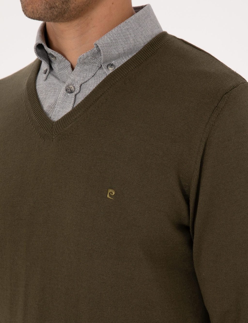 Koyu Haki Slim Fit V Yaka Basic Triko Kazak - Pierre cardin фото 7
