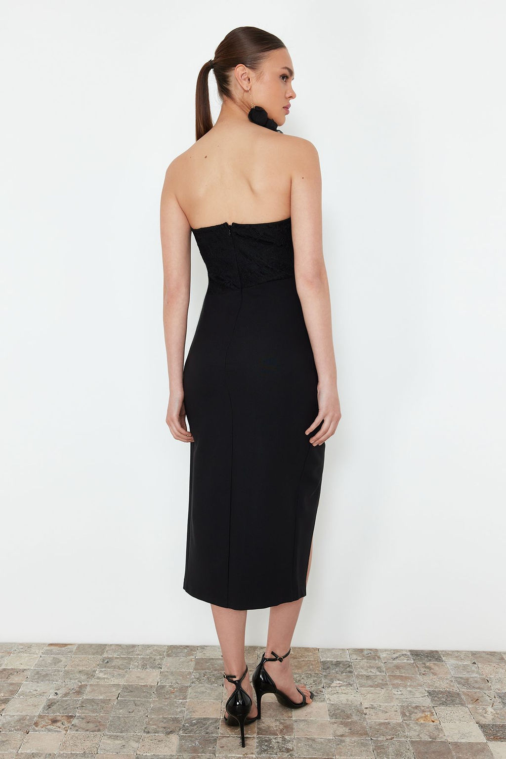 Siyah Dantel Detayl? Dokuma S?k Abiye Elbise TPRSS24EL00182 - Trendyolmilla фото 6