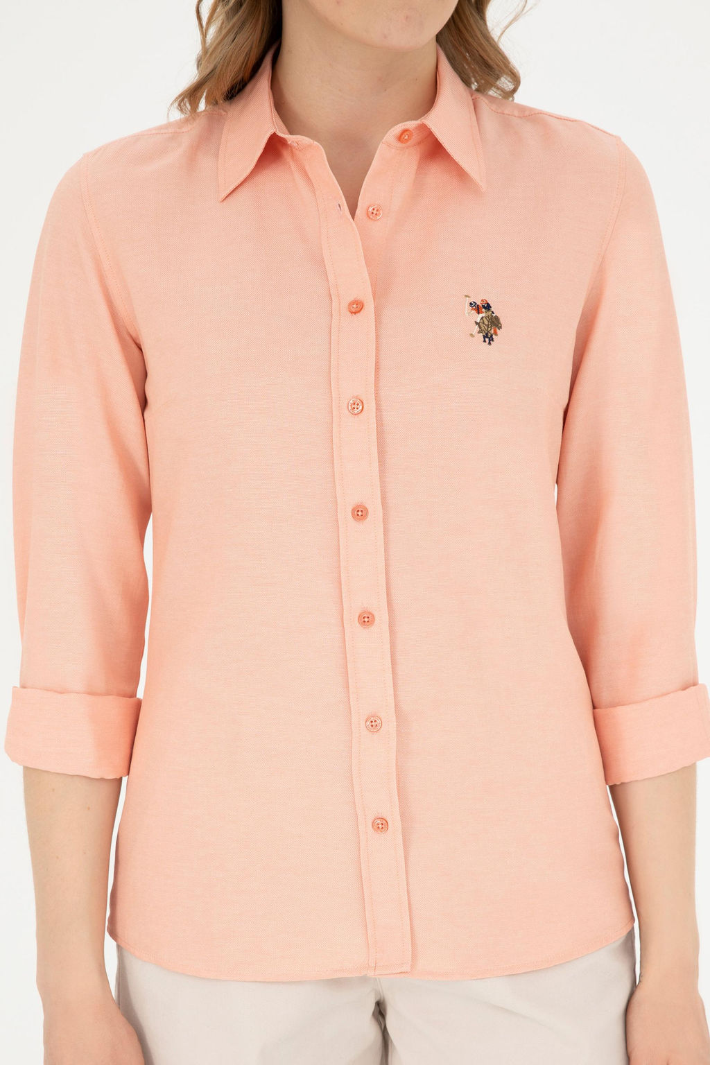 Женская базовая рубашка лососевого цвета с длинным рукавом - U.s. polo assn фото 6