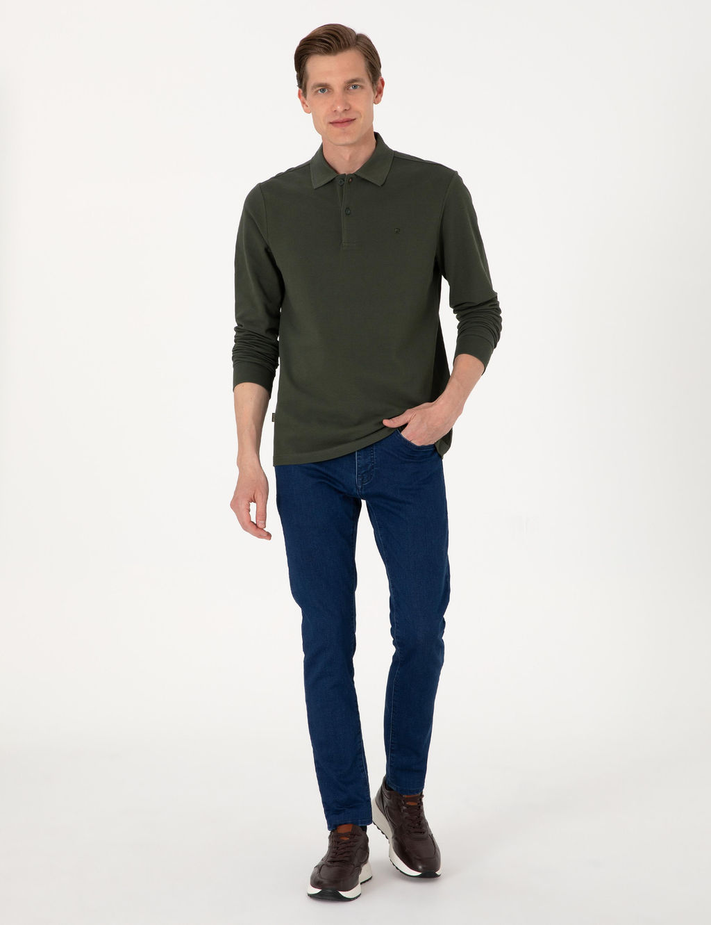 Koyu Ye_il Slim Fit K_vr_lmaz Polo Yaka Basic Pike Sweatshirt