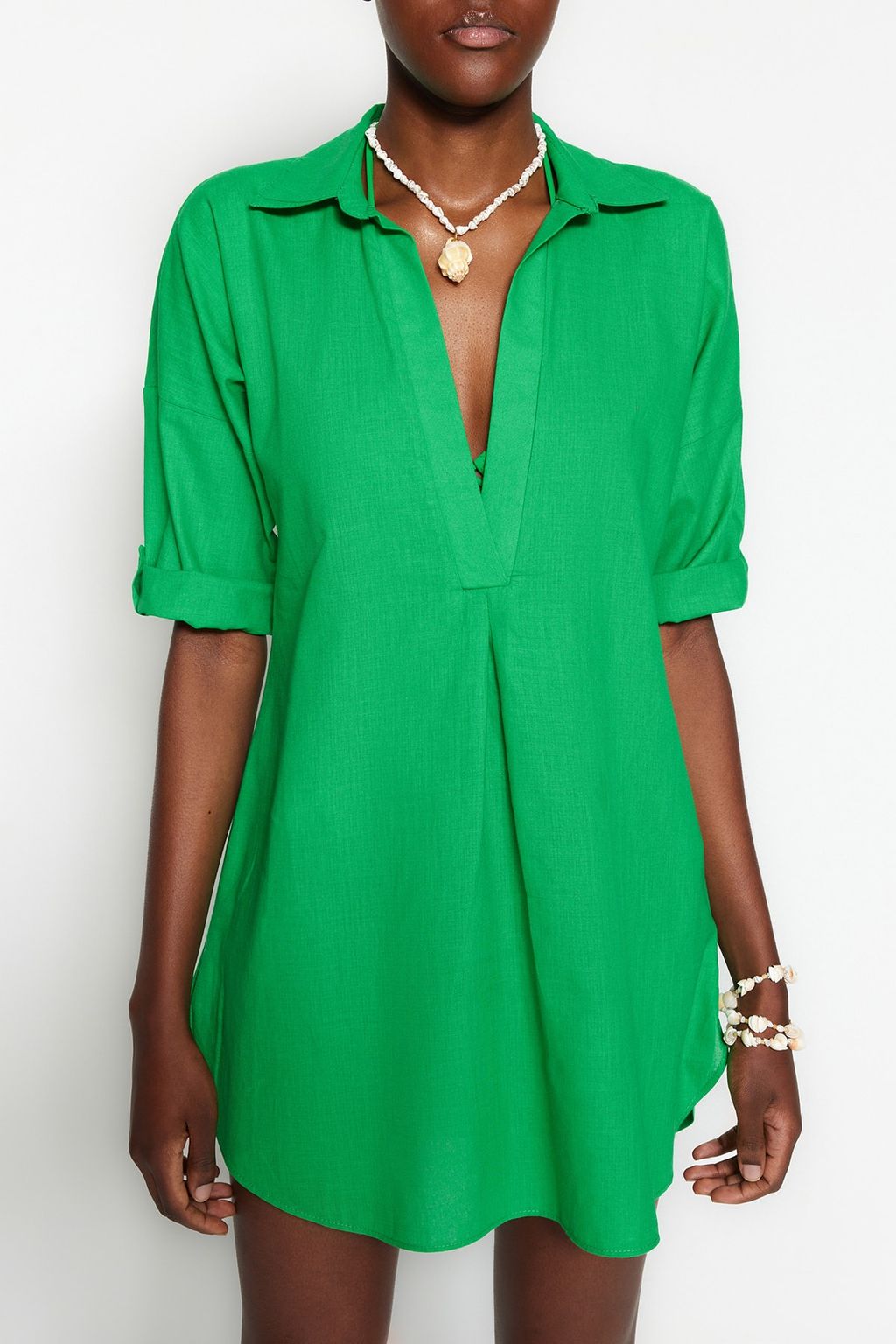 Ac?k Yesil Dokuma Plaj Mini Elbise TBESS21EL3979