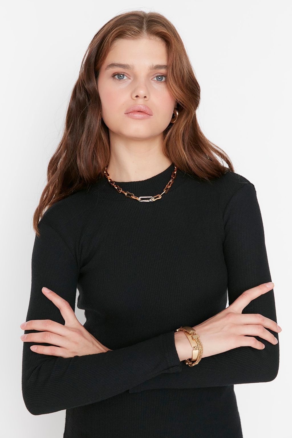 TRENDYOLMILLA Siyah Vucuda Oturan Mini Dik Yaka Fitilli Esnek Orme Kalem Elbise TWOAW21EL2244 фото 2