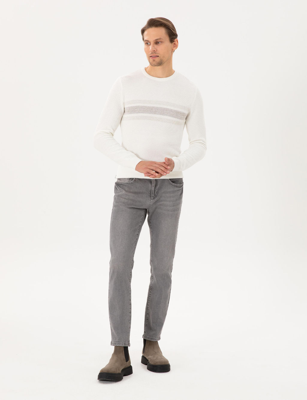 Ekru Slim Fit Bisiklet Yaka Triko Kazak