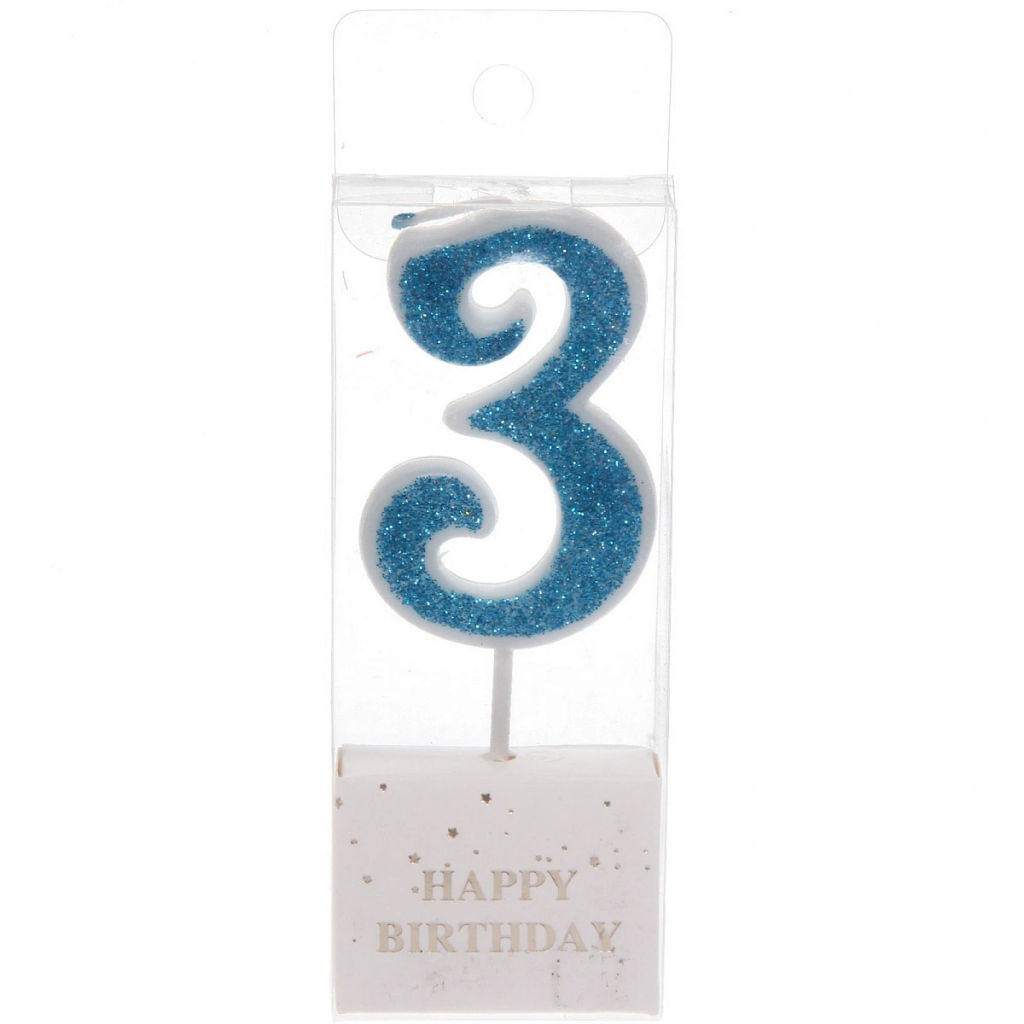Цена за 10 шт. Свеча для торта Цифра Иллюзия "3" 9.5 см, голубой