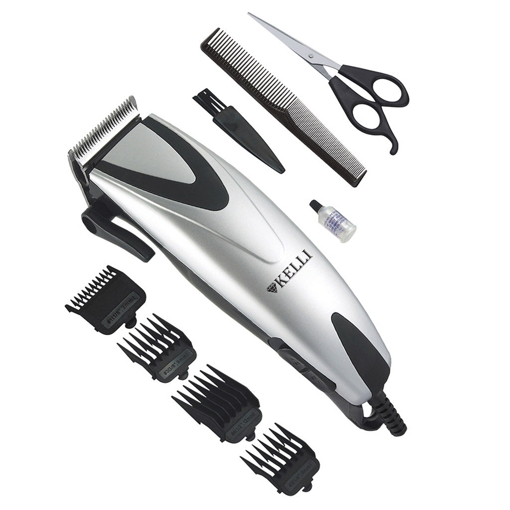 Машинка для стрижки волос "Kelli" 4 съемных гребня: 3, 6, 9, 12мм, лезвия из нержавеющей стали, рычаг перемещения лезвия, защитная крышка для режущих лезвий, расческа, ножницы, масленка, щетка для чистки лезвий, петелька для подвешивания, мощность: 2