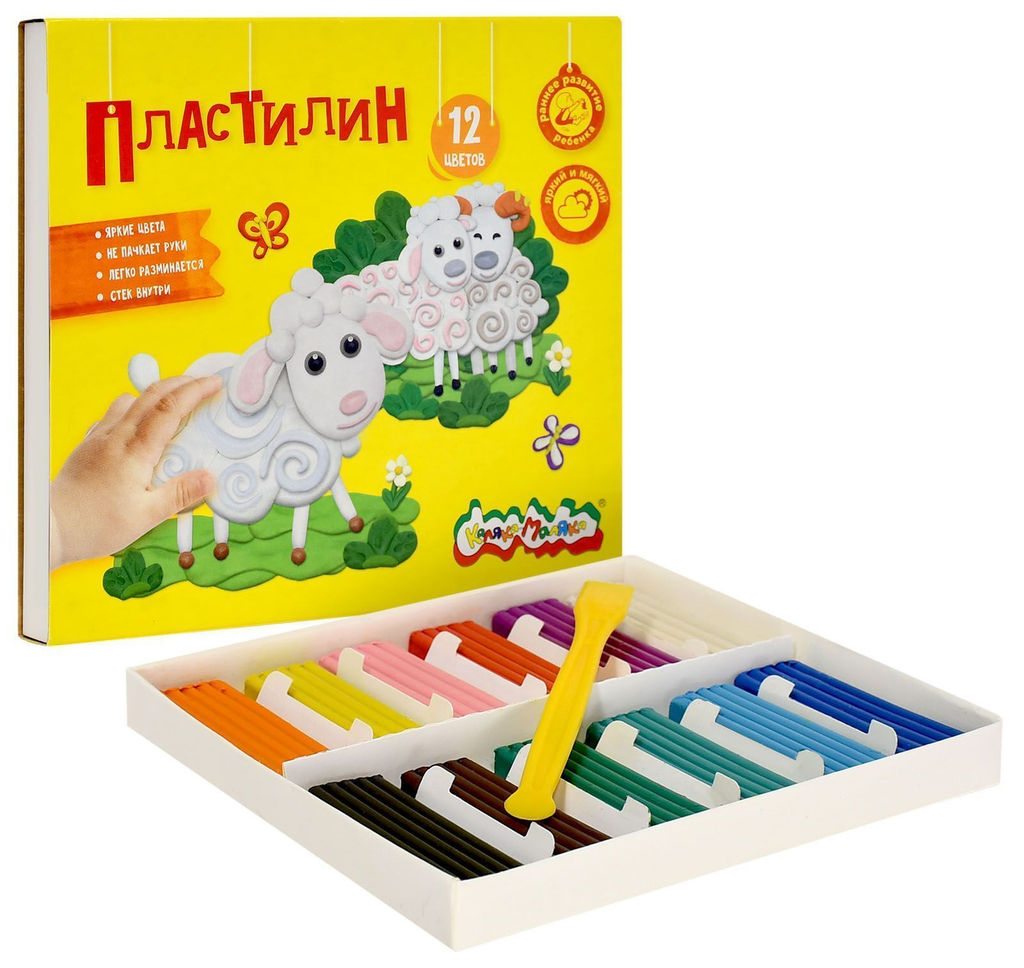 Пластилин Каляка-Маляка 12 цв. 180 г ассорти со стеком