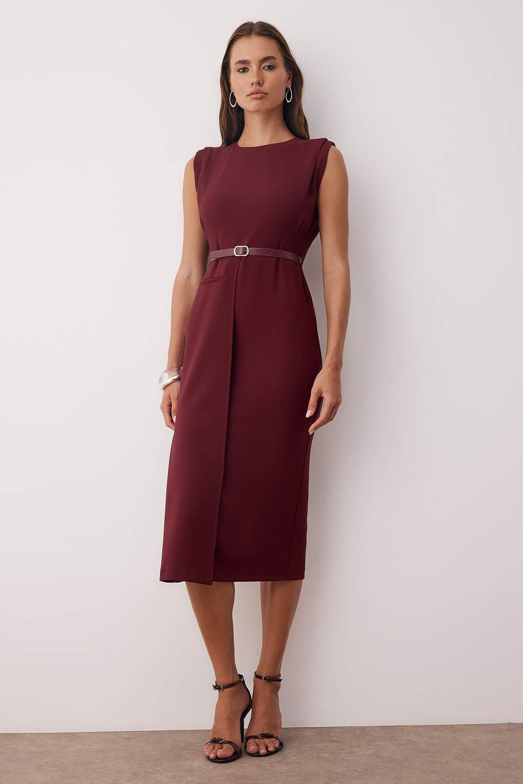 Bordo Kemer Detayl? Dokuma Midi Elbise TWOAW26EL00078