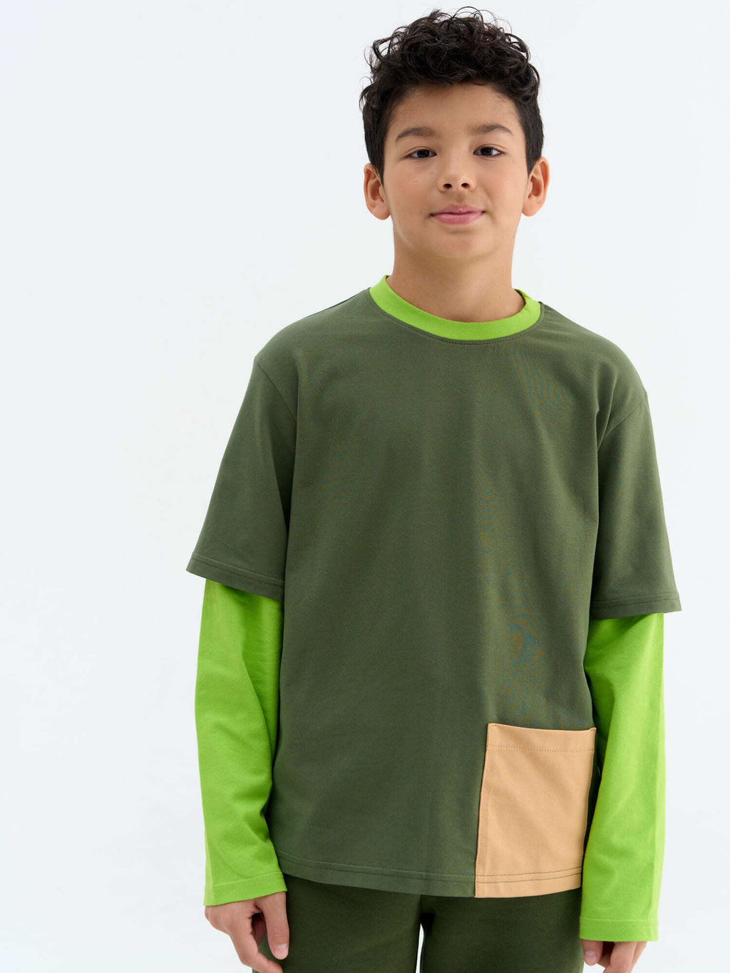 Лонгслив Колор блок Хаки с карманом 7+ - Bungly фото 2