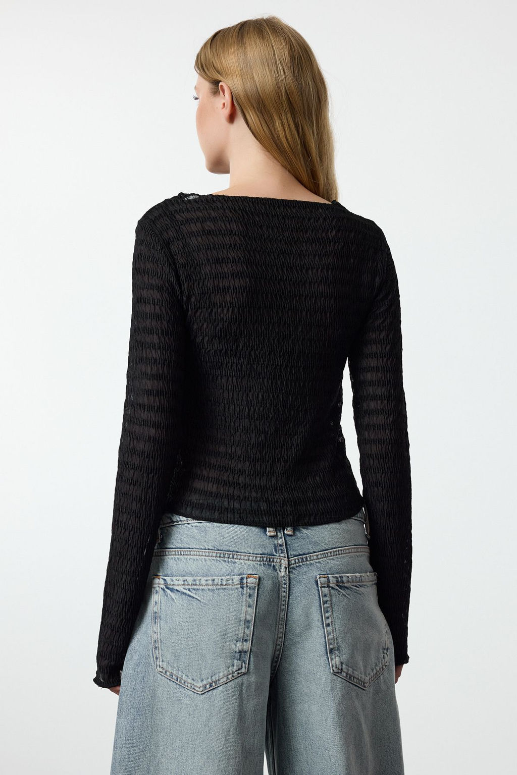 Siyah Fitted/Vucuda Oturan Dokulu Tul Esnek Orme Bluz TWOAW25BZ00207 - Trendyolmilla фото 10