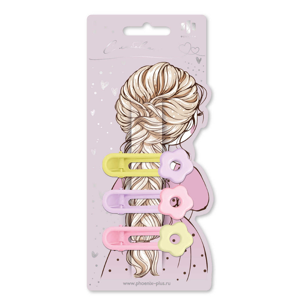 Набор заколок для волос зажим, арт. 71790 / 10 ЦВЕТОЧКИ (в наборе: 3шт., 6,2 см, черный металл, полиэфирная смола, цвет: жёлтый, розовый, сиреневый, подложка из мелованного картона + ПЭТ-пакет с европодвесом)