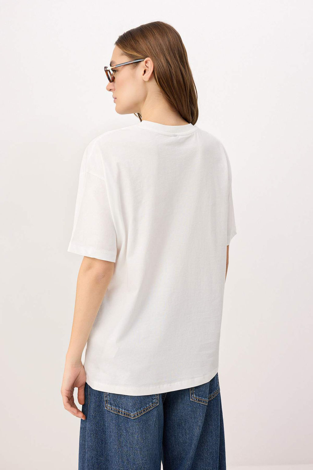 Ekru Bask?l? Oversize Bisiklet Yaka Dusuk Kol K?sa Uzun %100 Pamuk Orme T-Shirt TWOSS26TS00211 - Trendyolmilla фото 4