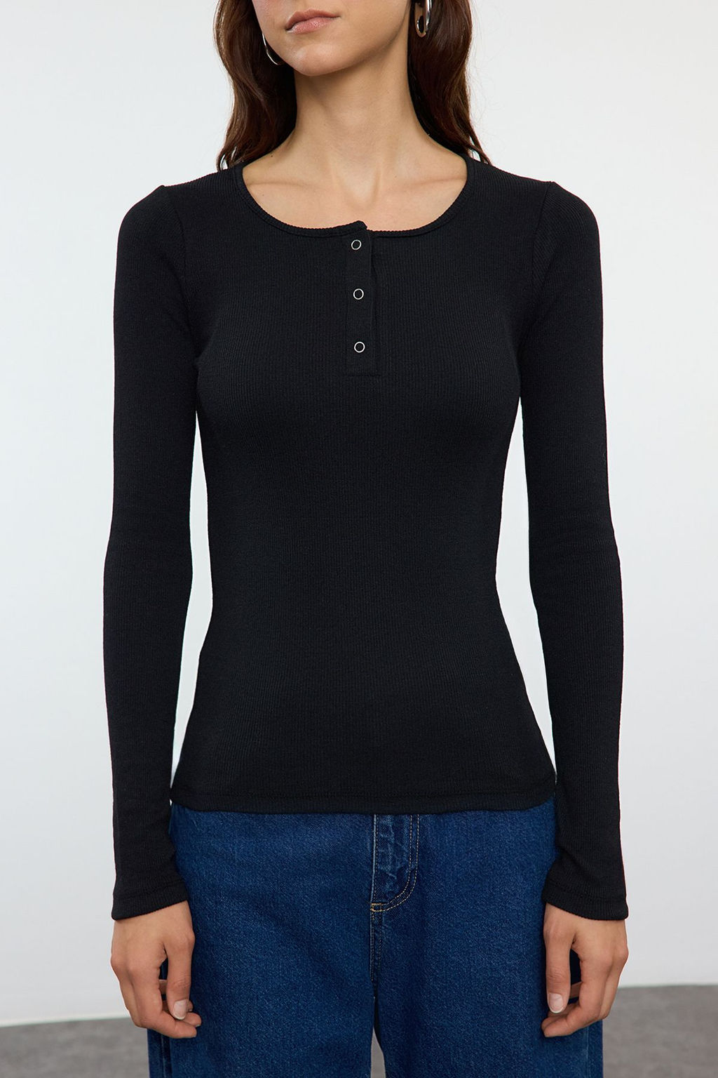Siyah C?tc?tl? Fitted/Vucuda Oturan Fitilli Esnek Orme Bluz TWOAW25BZ00080