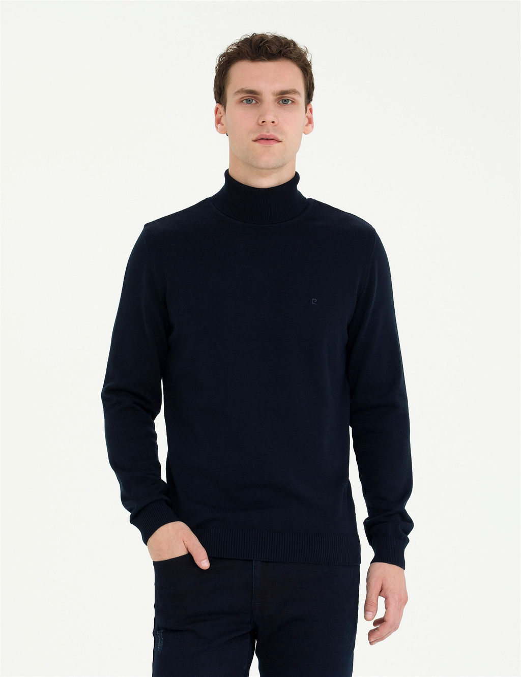 Lacivert Slim Fit Bal_k__ Yaka Basic Triko Kazak