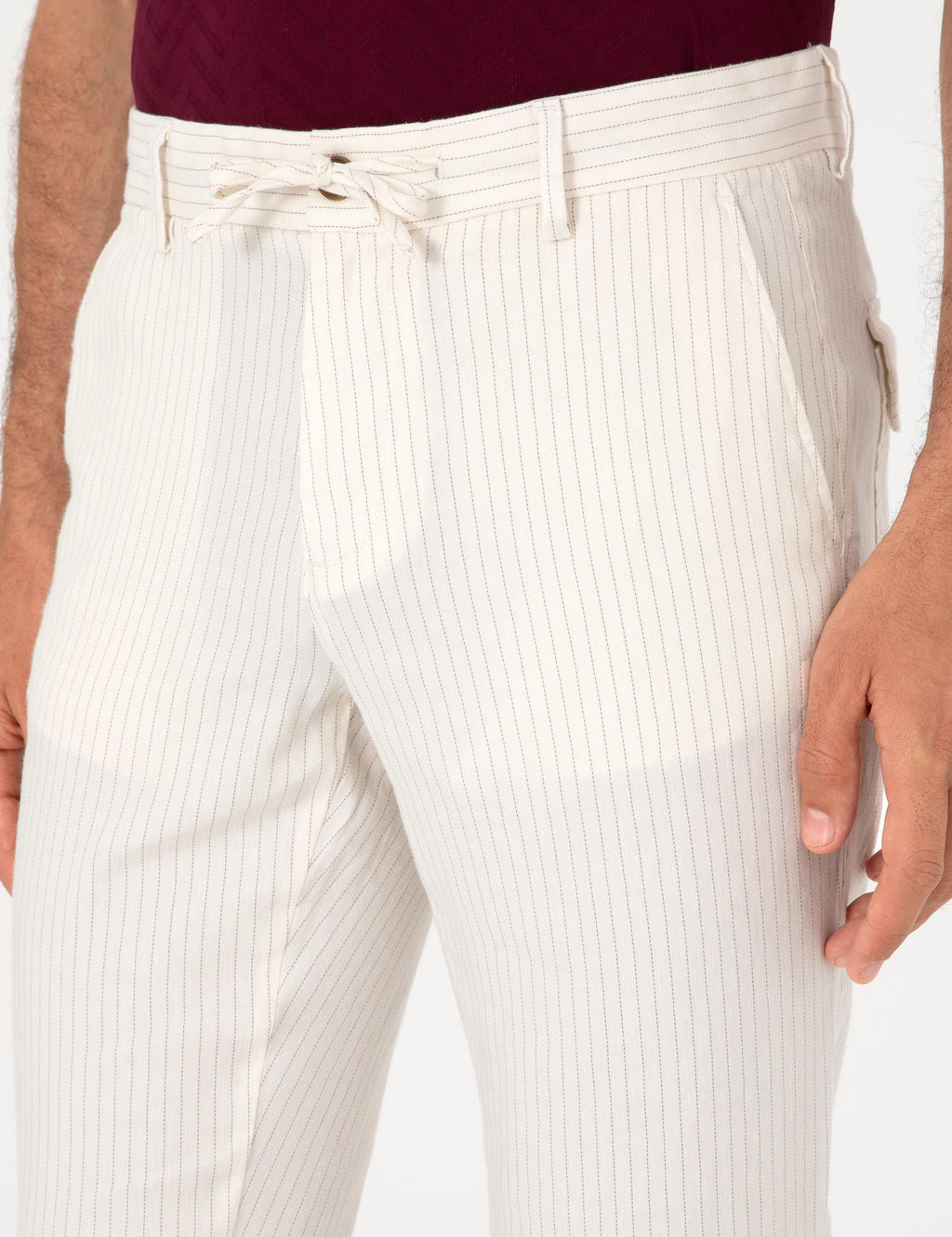 Ekru Slim Fit _izgili Keten Kar___ml_ Spor Pantolon