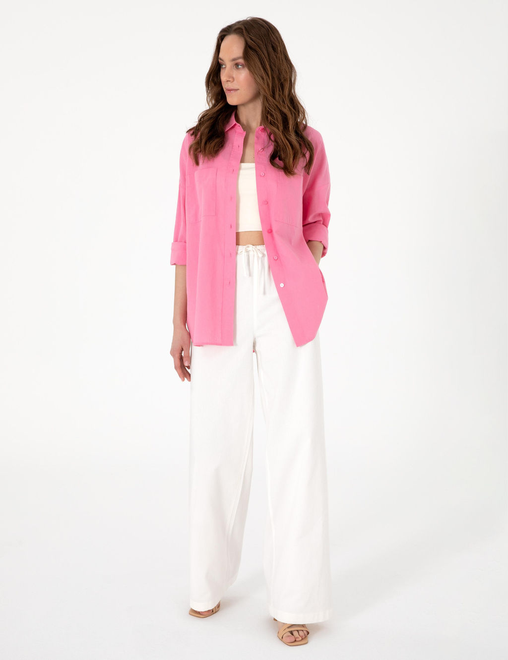 A__k Pembe Oversize Keten Kar___ml_ Uzun Kollu G_mlek - Pierre cardin фото 4
