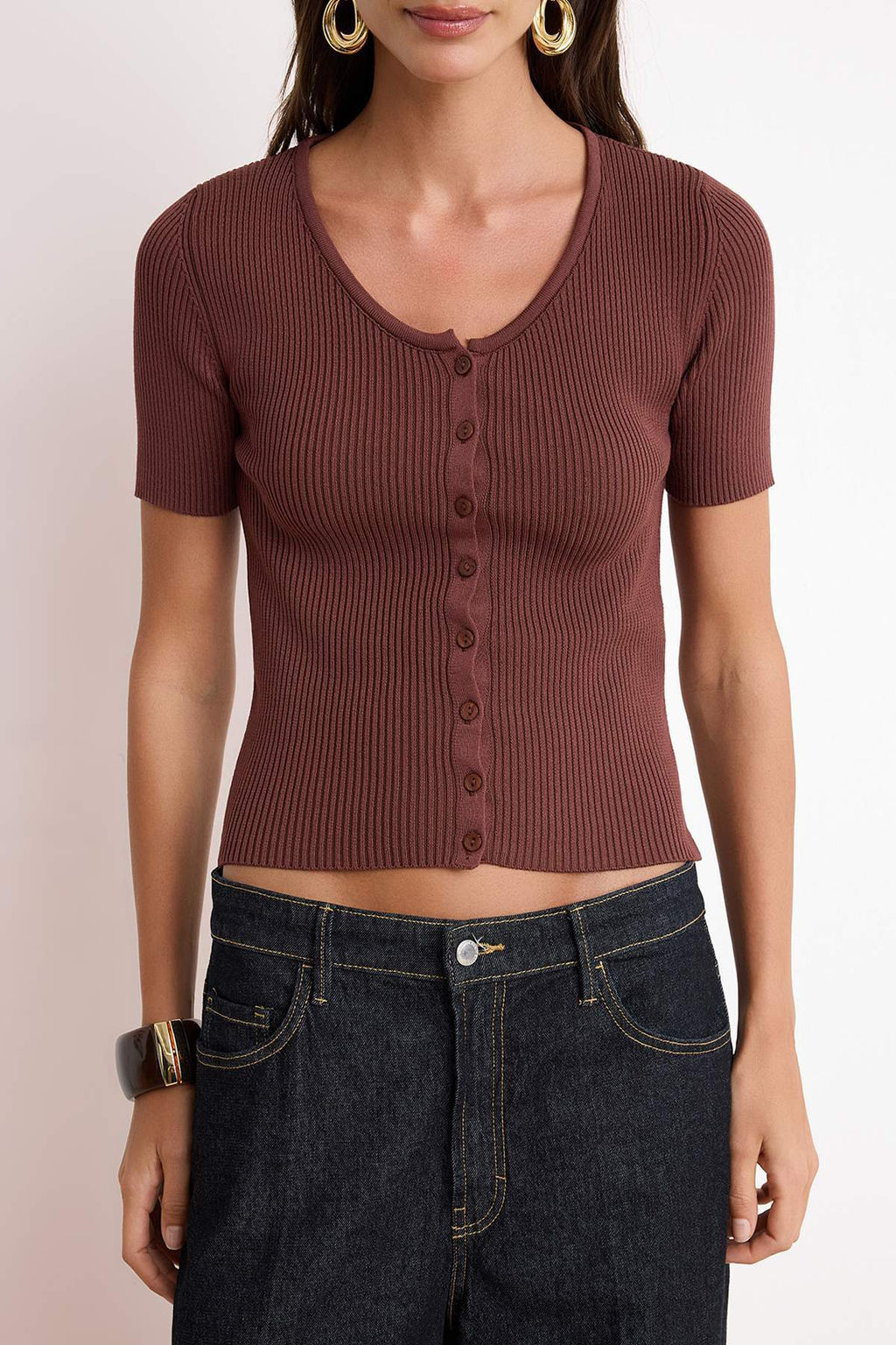 Kahverengi More Sustainable Basic V Yaka Bluz TWOSS26BZ00504 - Trendyolmilla фото 3