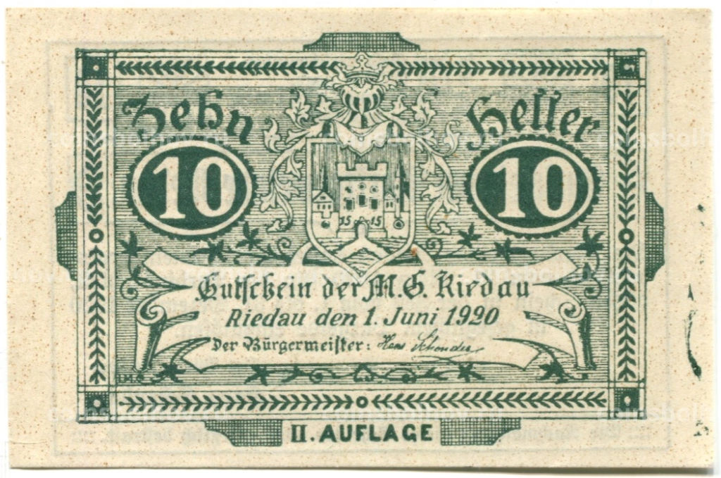 10 геллеров 1920 года Австрия Ридау (нотгельд)