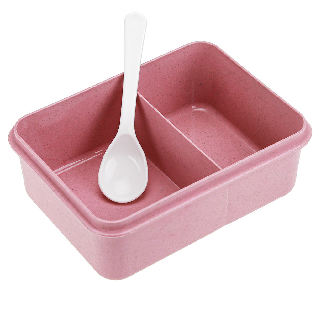 Ланч-бокс для продуктов пластмассовый Эко дом 17,5х13см h7см, 2 отделения 0,85л, с ложкой 13см, крышка прозрачная, с клипсами, с уплотнителем, цвета в ассортименте: бежевый, розовый, голубой (Китай) Пластик с добавлением пшеничных волокон. - Домашняя мода фото 3