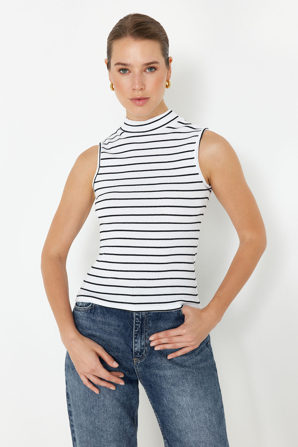 Siyah-Beyaz-Cok Renkli 3Lu Paket Fitted/Vucuda Oturan Fitilli Esnek Orme Bluz TWOSS24BZ00560 - Trendyolmilla фото 4