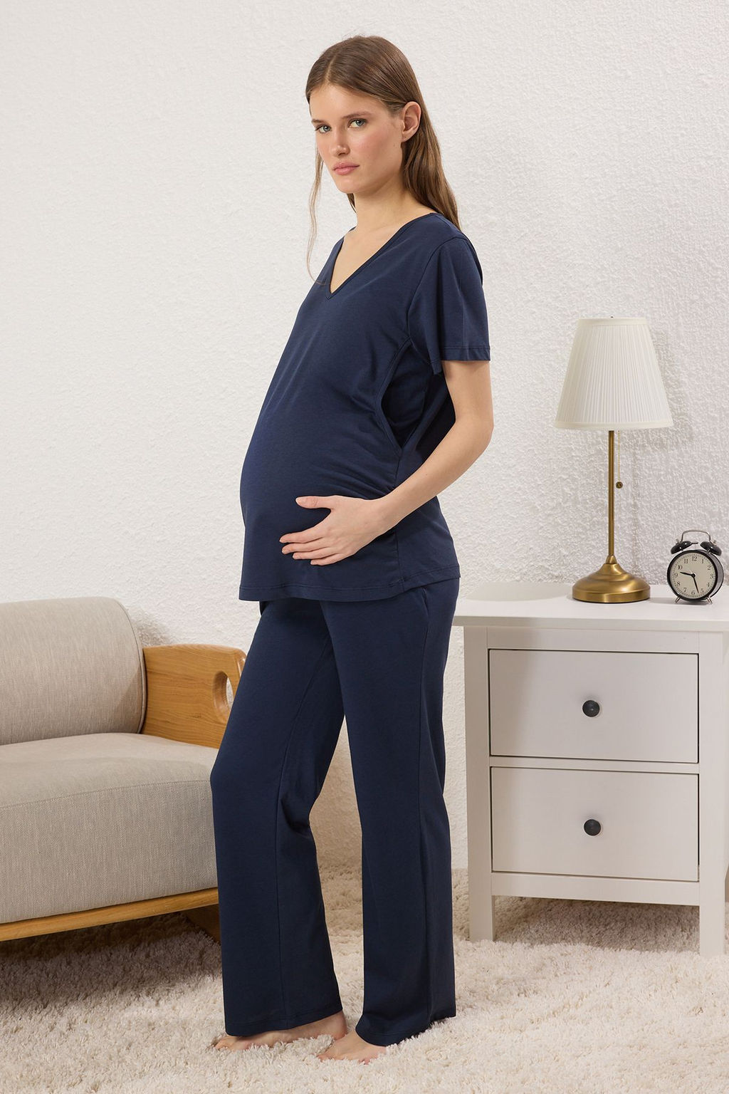 Lacivert Emzirmeye Uygun %100 Pamuk 3lu Set Orme Pijama Tak?m? TBBSS25AI00069