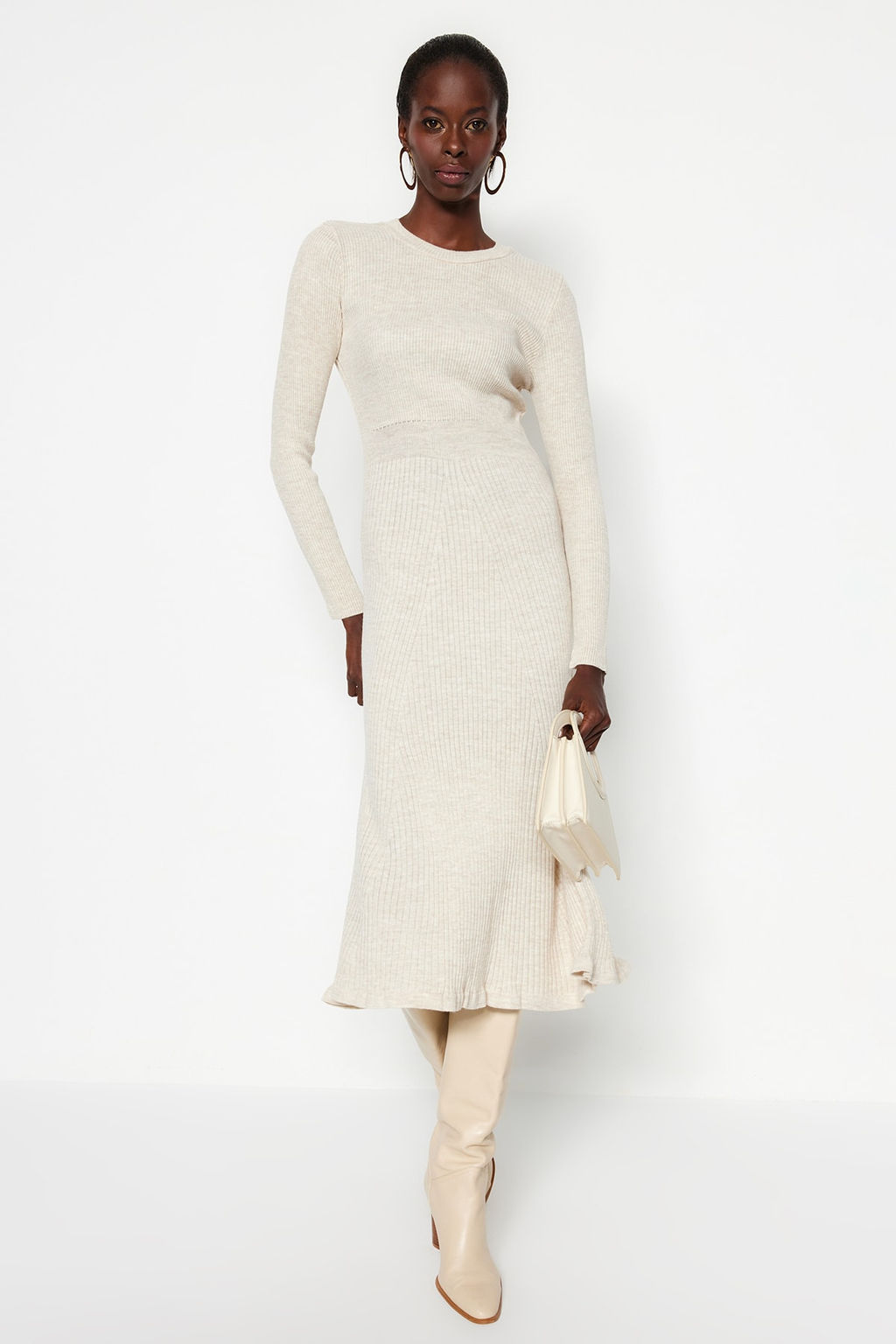 TRENDYOLMILLA Kahverengi Midi Triko Bisiklet Yaka Elbise TWOAW21EL0422 фото 26