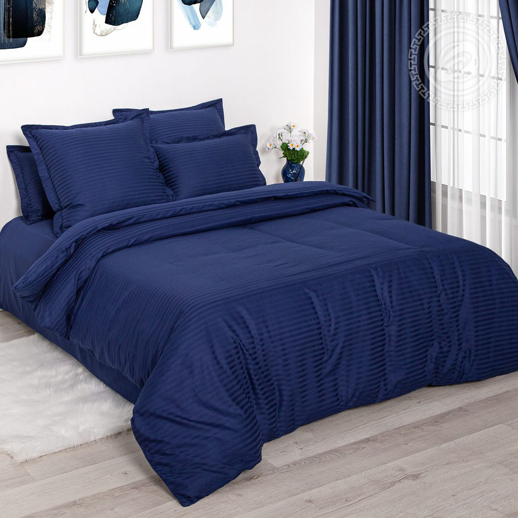 Постельное белье Индиго (полоса) (страйп-сатин) 1,5 сп./Пододеяльник: 1 шт. - 215*145; Простыня: 1 шт. - 215*150; Наволочка: 2 шт. - 70*70; Страйп - сатин