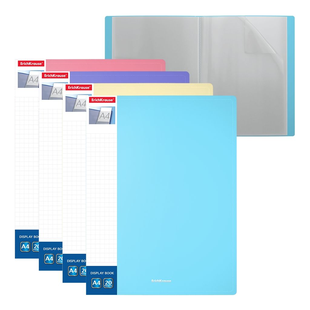 Цена за 4 шт. Папка файловая пластиковая с карманом на корешке ErichKrause Diagonal Pastel, c 20 карманами, A4, ассорти (в пакете по 4 шт.)