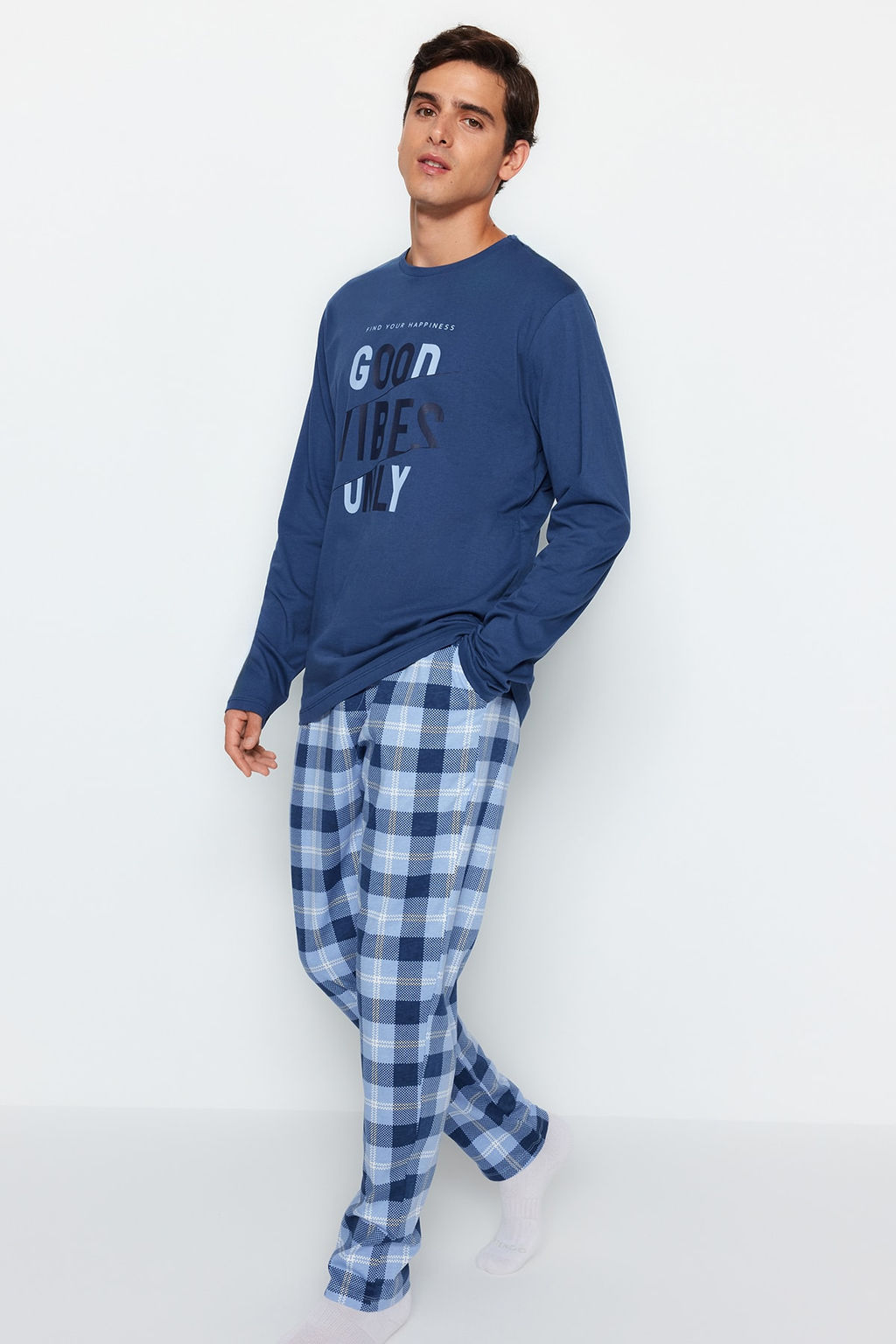 TRENDYOL MAN Mavi Regular Fit Ekose Orme %100 Pamuk Pijama Tak?m? TMNAW24PT00023 - Trendyolmilla фото 4