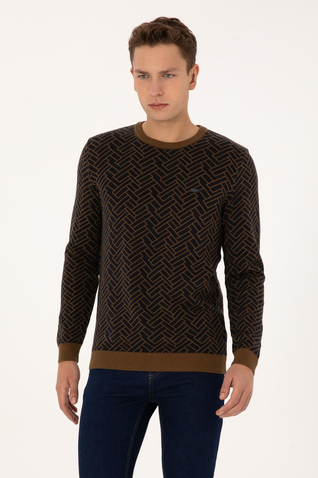Erkek Slim Fit Bisiklet Yaka Haki Kazak