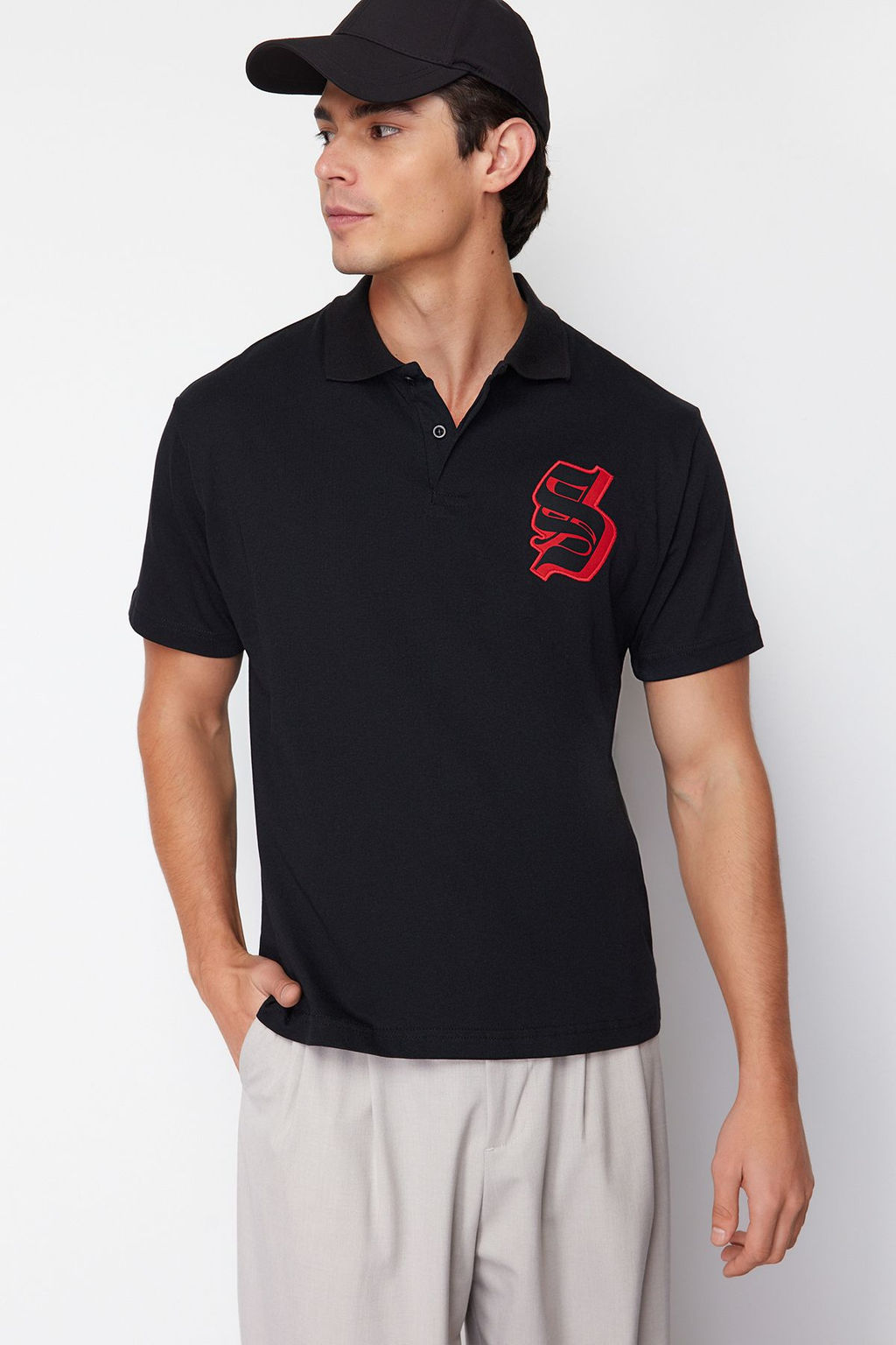 Siyah Oversize/Genis Kesim Harf Nak?sl? Polo Yaka T-shirt TMNSS24PO00025